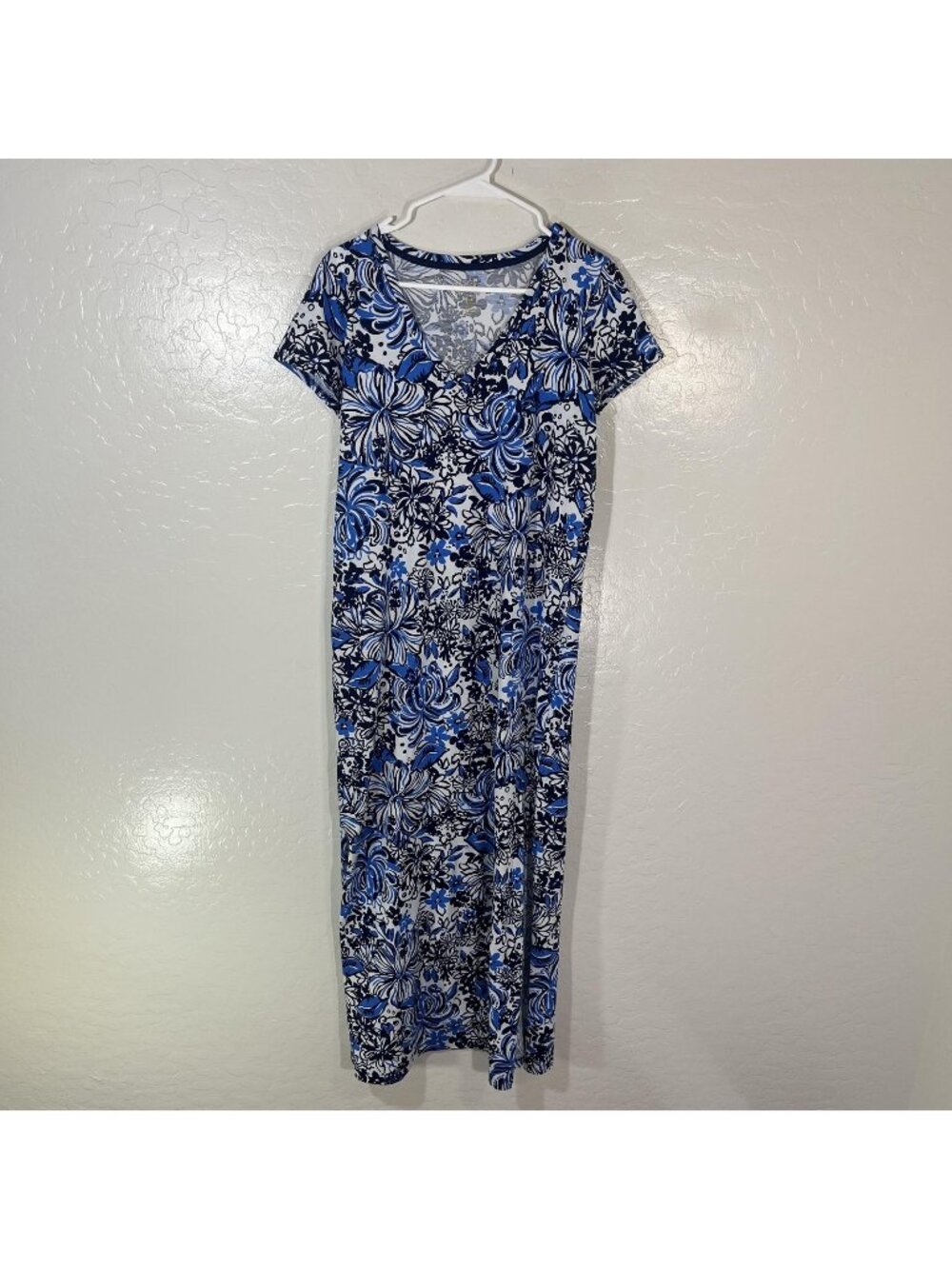 Lilly Pulitzer T-Shirt Dress Womens Small Blue Tropical Floral Pima Cotton Maxi